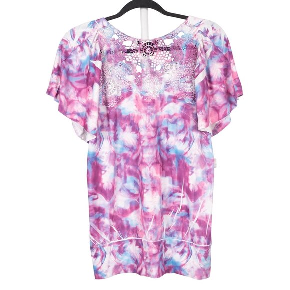 Simply Irresistible Shirt L Womens Purple Blue Lace Back VNeck Flutter Sleeve - Picture 6 of 6